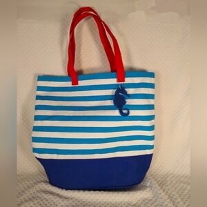 Barnes & Noble Nautical Blue and White Striped Tote/Book Bag W/Seahorse Keychain